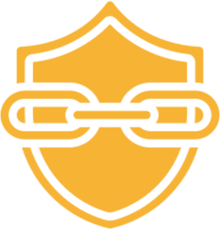 Shield with chain link icon, orange background.