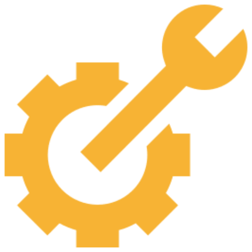 Orange wrench and gear icon on black.