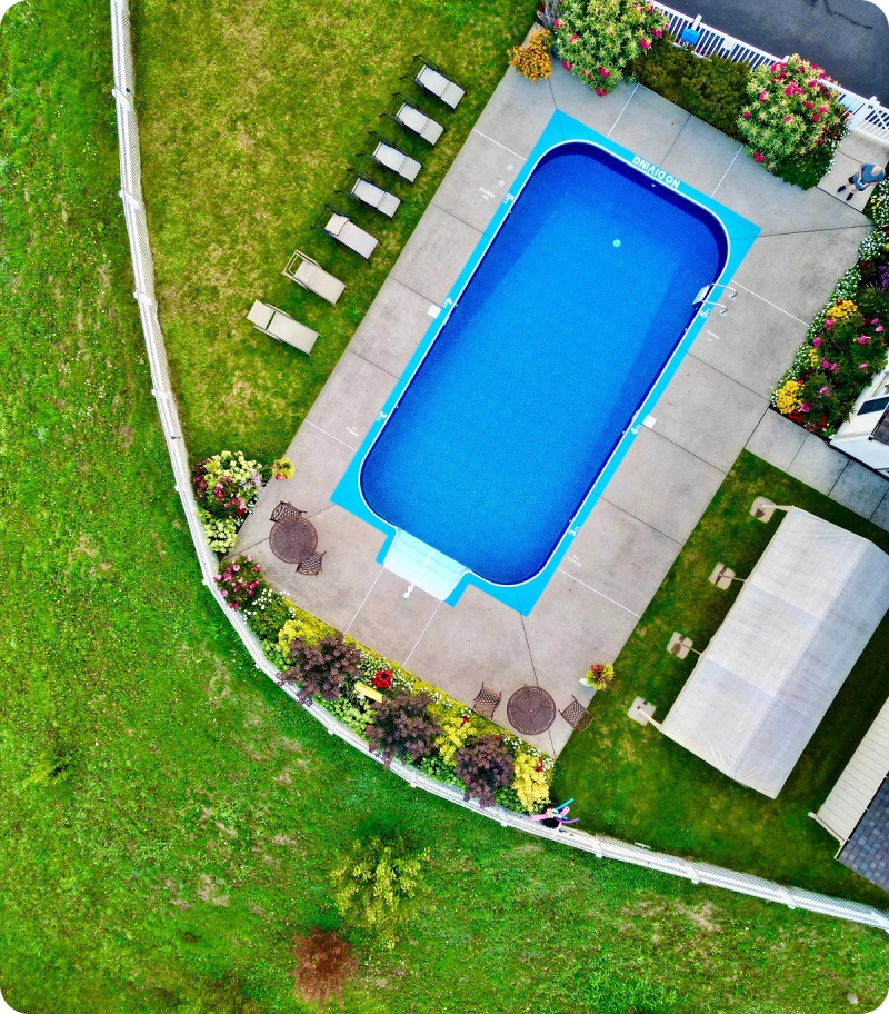 Aerial view of a swimming pool area.
